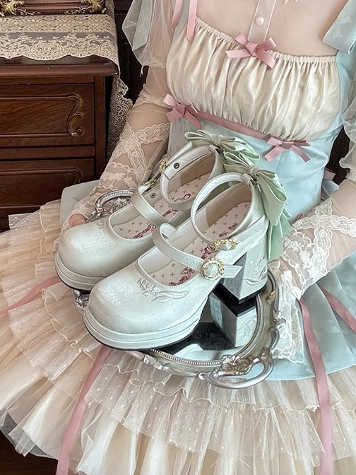 ミドル刺繍のサテンヒールの蝶結びのジェーンズグリーンリリー取り外し可能なバレーメアリー