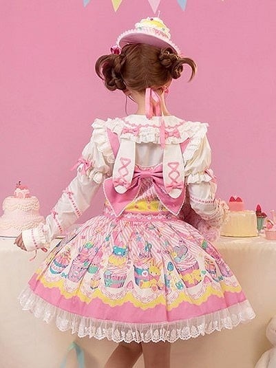 Pan Pink White Peter Lolita Blouse with Collar Bunny and Accents Ears Bow Dark