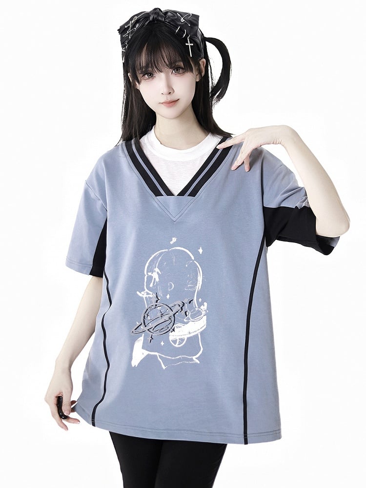 Two-pieces Neck Blue/Red Round Faux Light Graphic T-Shirt