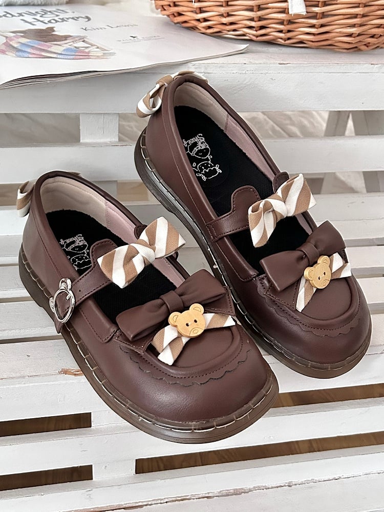 Design PU - and Kuma-themed with 2cm Flat Ear Shoes Strap Lolita Bear Brown Striped Bow