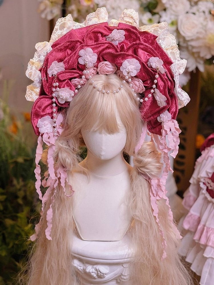 Bead Trim Lace Light Chains and with Pink/Rose Pink Flower Bonnet Lolita