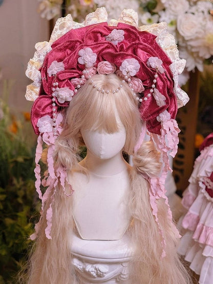 Bead Trim Lace Light Chains and with Pink/Rose Pink Flower Bonnet Lolita