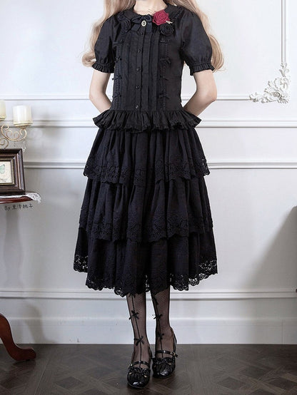 Elegant Black Multilayer Ruffled Floral Embroidery Skirt - Miss Point