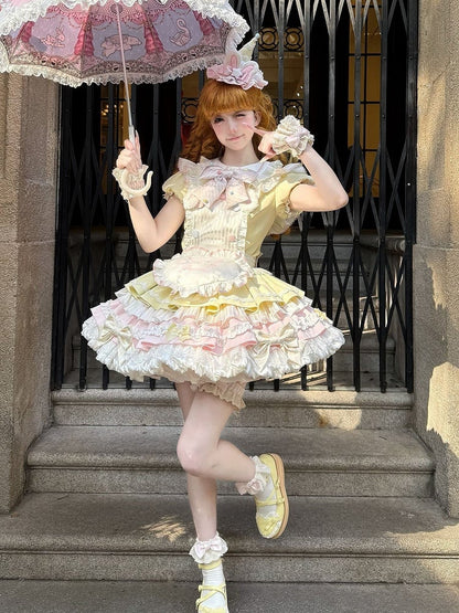 Ärmeln Gelb Lolita Kleid Süße Maid Thema Bunny Puff Rosa und