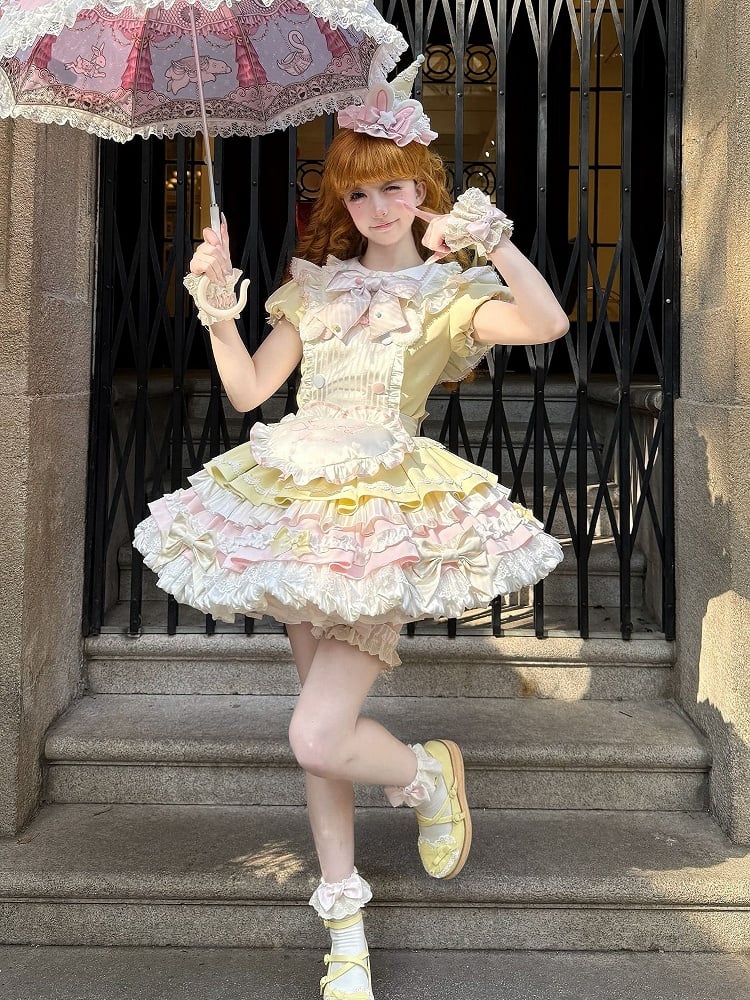 Lolita und Bunny Gelbe Ärmel Süßes Kleid Thema Puff Maid Pink