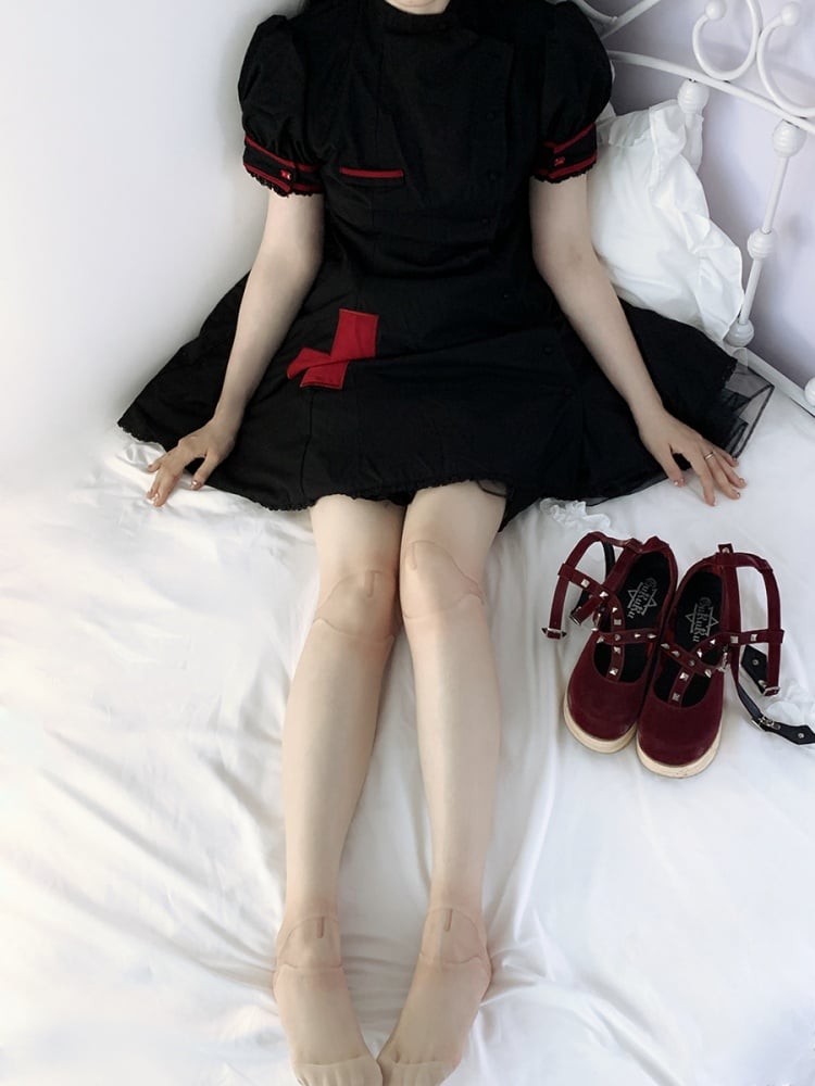 膝と足首の関節プリントヌードカラータイツ