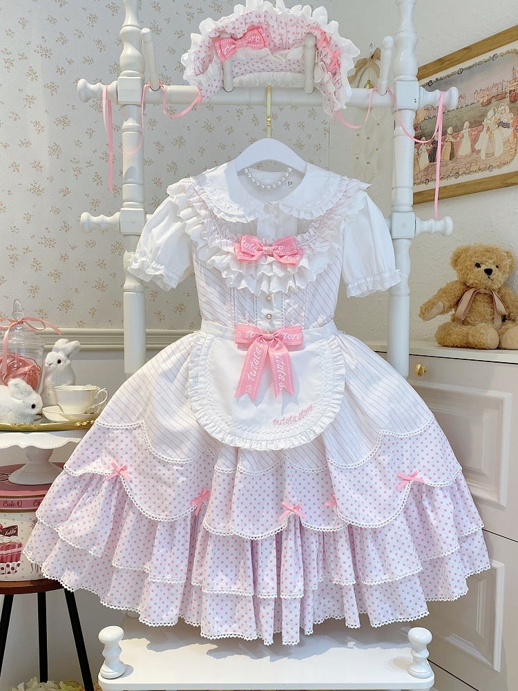 Lolita Jumper School White Pattern Pink Skirt Dress Polka Dots Old Stripes and