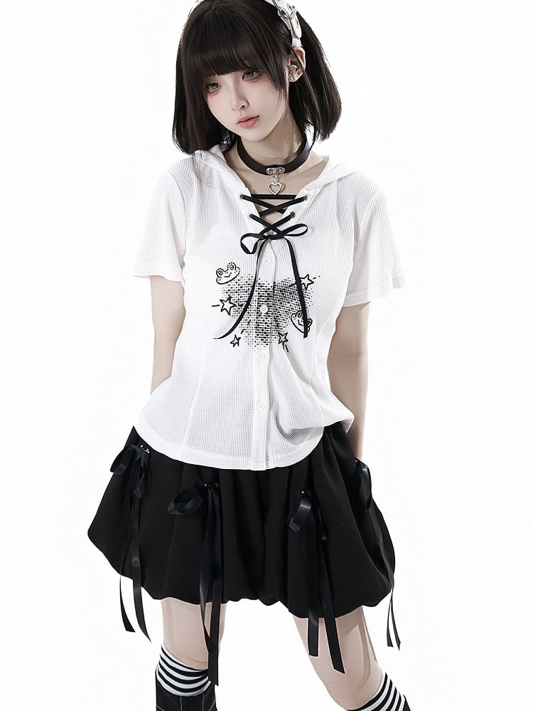 White Frog Lace-up Neckline Front Button Placket T-shirt Cute Print Hooded Waffle
