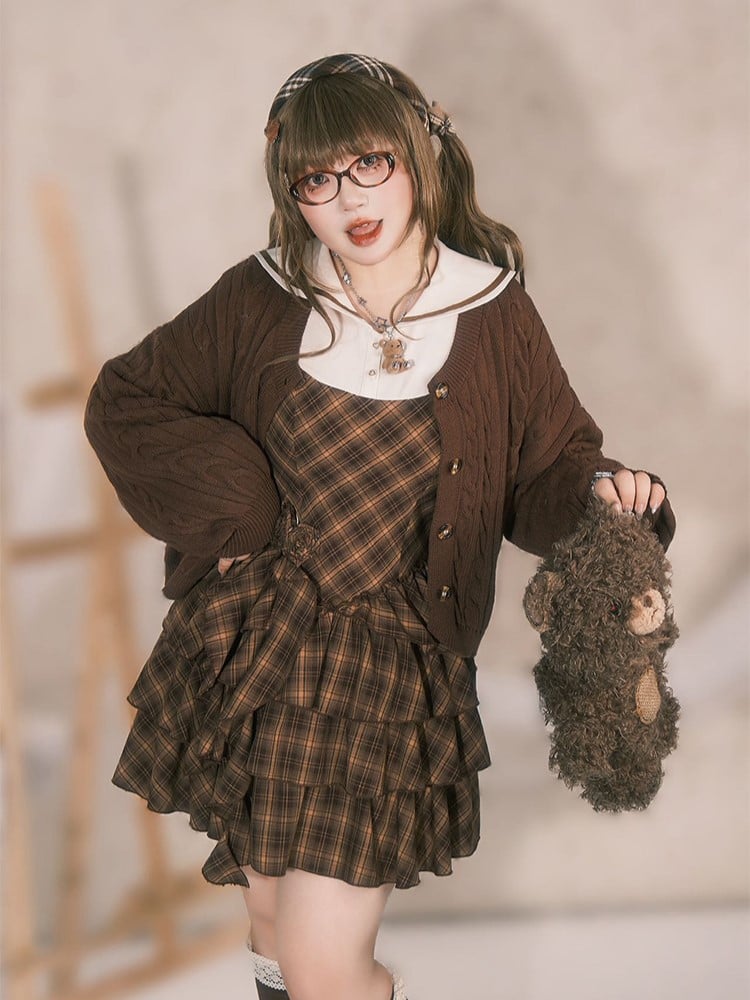 Detachable Preppy with Plaid Dress Plus Roses Brown Size Sailor Tiered Collar