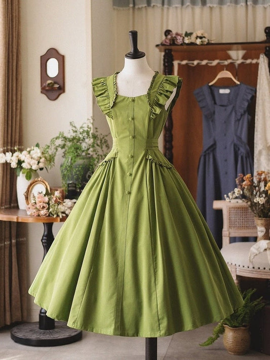 Robe d'été verte rétro à volants - Forest Wardrobe