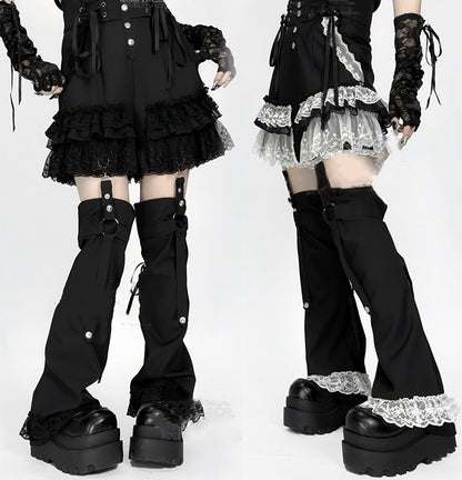 Lace Jirai Black/White/BlackWhite Warmers and with Waist Y2K Shorts: Kei Trim in Tiered Leg Detachable Lace-Up