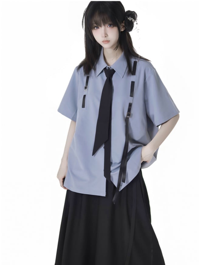 Stil Blau Preppy Krawatte Kurzarm Hemd mit Gratis