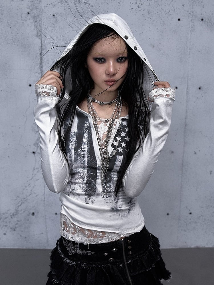 Off-white Two-piece V-Neck Print Hooded Lace Long Top Star Sleeve Slim-fitting Panel -