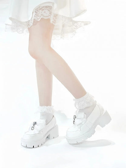 Loafers Kei Platform White 6cm in Bow Matte Chunky Heel Heart Decor Rhinestone Jirai