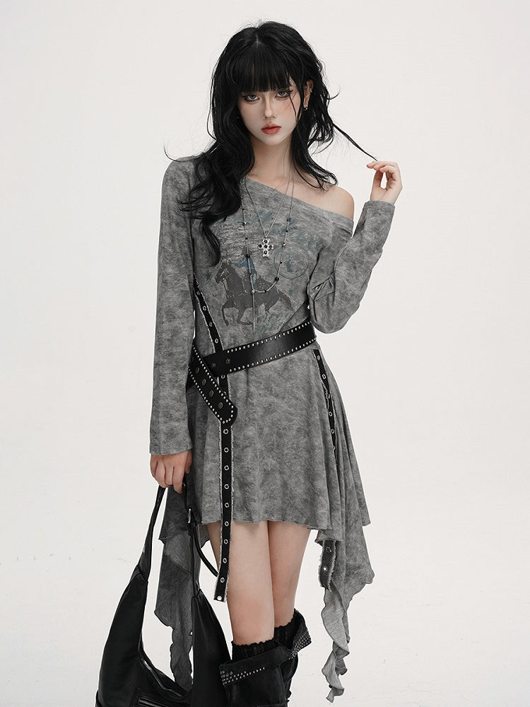 Equestrian Asymmetrical Studded Belt with Handkerchief Dress Gothic Neckline Hem Gray