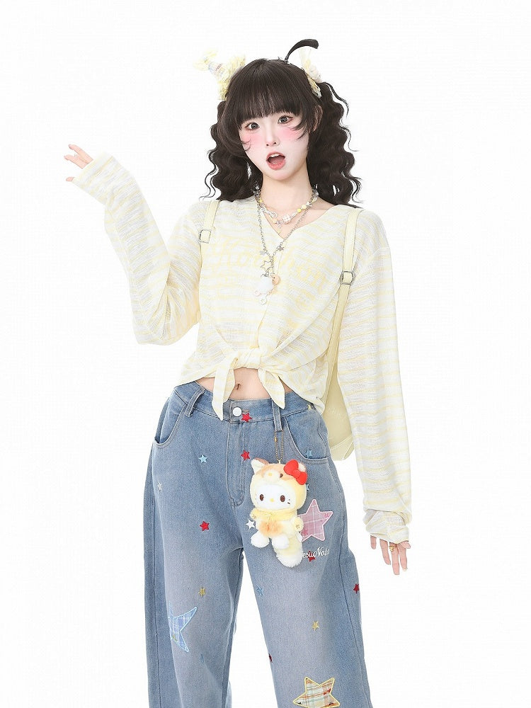 Yellow Striped V-Neck Long-Sleeve Top with Animal Print - Languid Park