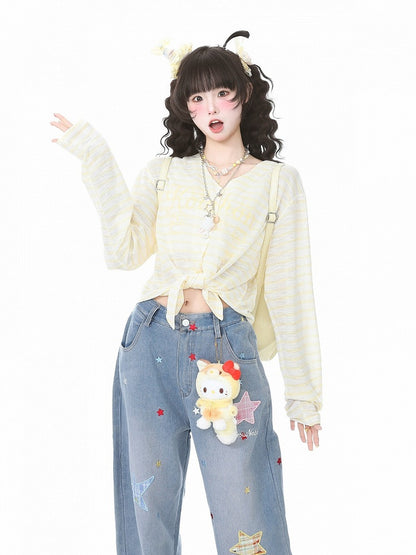 Yellow Striped V-Neck Long-Sleeve Top with Animal Print - Languid Park