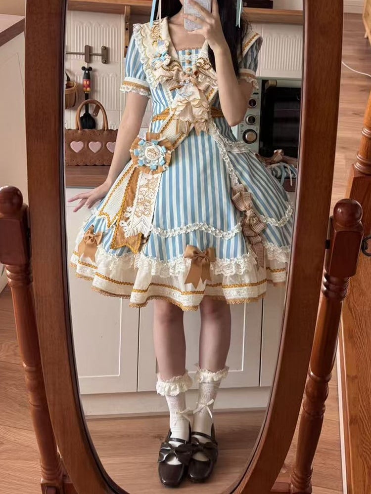 Sailor Bear Theme Striped Dress with Bow Embroidery - Twin Bear Original Design