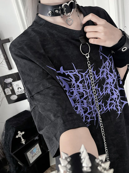 T-Shirtwith Gothic Loose ChainPurple Black Detachable Thorn Print