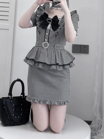 Black Elegance Bodycon featuring Kei Jirai Dress: Defining Plaid Ruffles Ladylike Puff