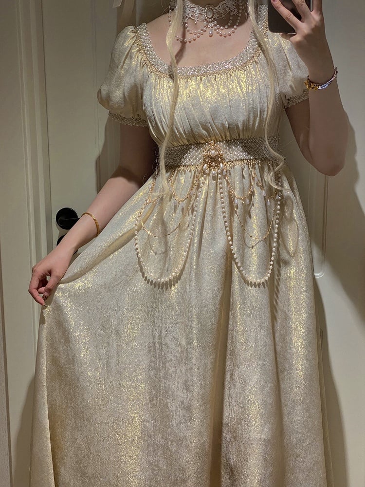 Champagne Empire Waist Lolita OP Dress with Beadwork - Qian Mu