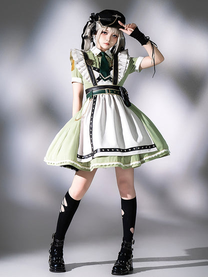 Flatter-Militär und Set, kurze Schürze, grünes Kleid, volle Dienstmädchen-Hülsen, leichte Lolita-Ärmel