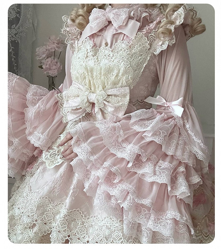 ピンクのロングレイヤードベルスリーブシフォンブラウス