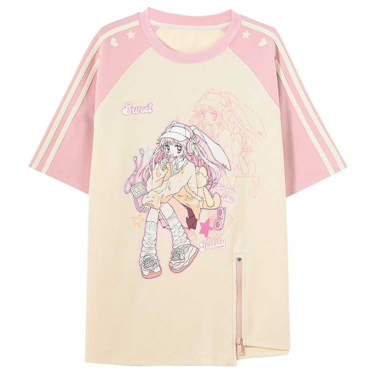 Beige and Pink Colorblock Design Anime Print Bittersweet Zip T-Shirt Y2K Hem