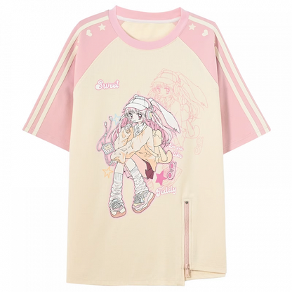 Beige and Pink Colorblock Design Anime Print Bittersweet Zip T-Shirt Y2K Hem