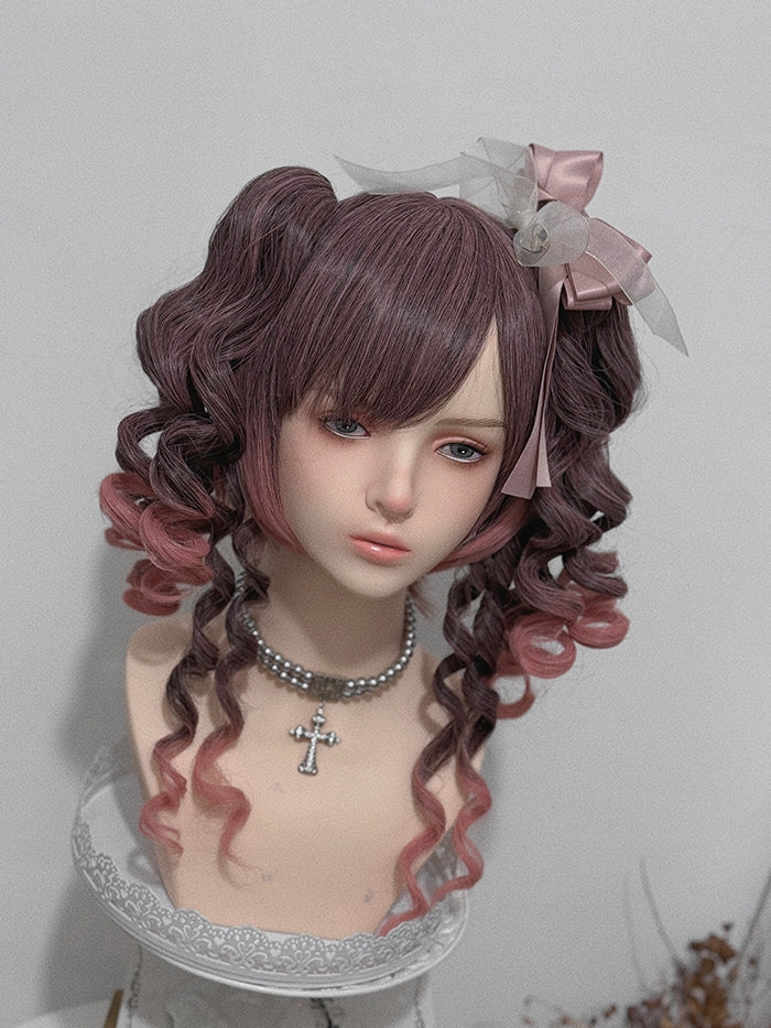 30CM With Double Claw Clips Length Roman Air Curly Ombre 48CM + Bangs Wig Ponytail Pink