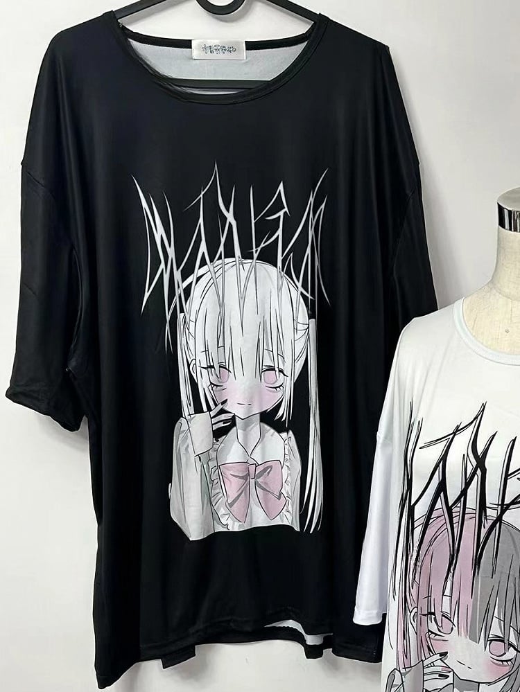 Black Cartoon T-shirt Kei Jirai Print Letter And