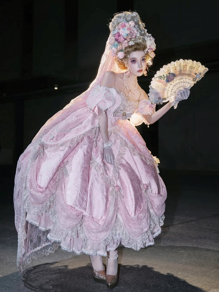 Version Details Ruffles Hanayome Pink Short with and Layered Hime Gown Bow Lace Lolita Off-Shoulder