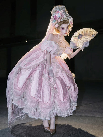 Version Details Ruffles Hanayome Pink Short with and Layered Hime Gown Bow Lace Lolita Off-Shoulder
