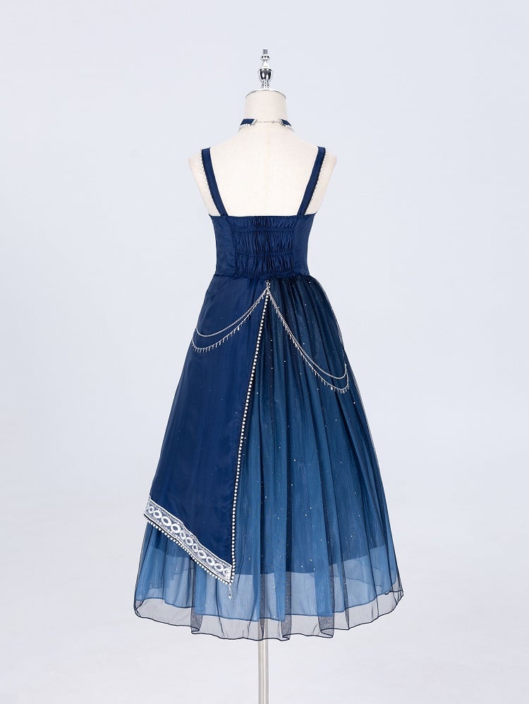 Long Night Dreamy Embroidery Chains Starry Set Blue Cloak with Butterfly + Dress Dark