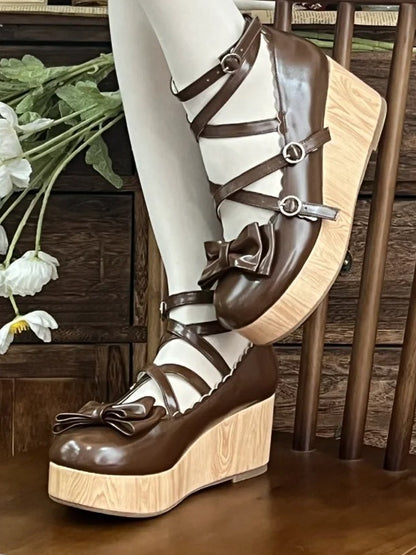 at Bow Design PU - Brown Top Platforms Crisscross Wedge