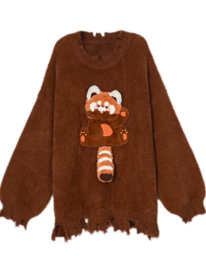 Brown Cute Red Panda Adorned Distress Trim Loose Sweater