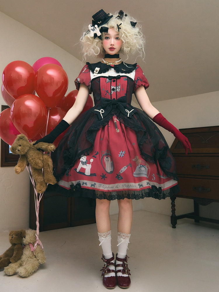 Süßes Lolita-Kleid mit Welpen- und Telefon-Print, schwarz-rotem Peter-Pan-Kragen