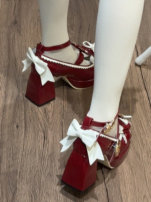 Heel A Toe Lolita Shoes Bow Delicate Red PU Round with 8cm