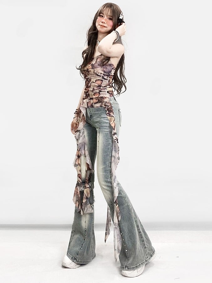Verzierte Jeans, verblasste Bündchen, Y2K, ausgefranst, glamourös, blau, roh, Schlagtasche, Silhouette, gewaschen und