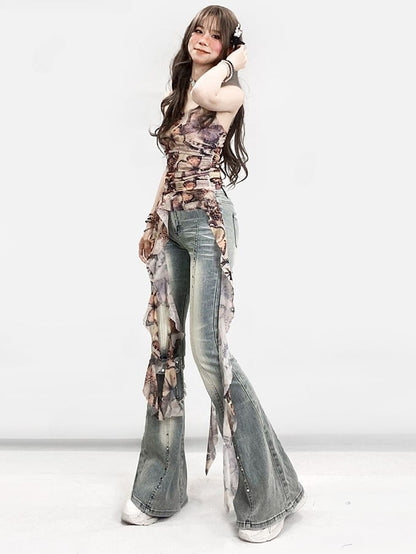 Verzierte Jeans, verblasste Bündchen, Y2K, ausgefranst, glamourös, blau, roh, Schlagtasche, Silhouette, gewaschen und