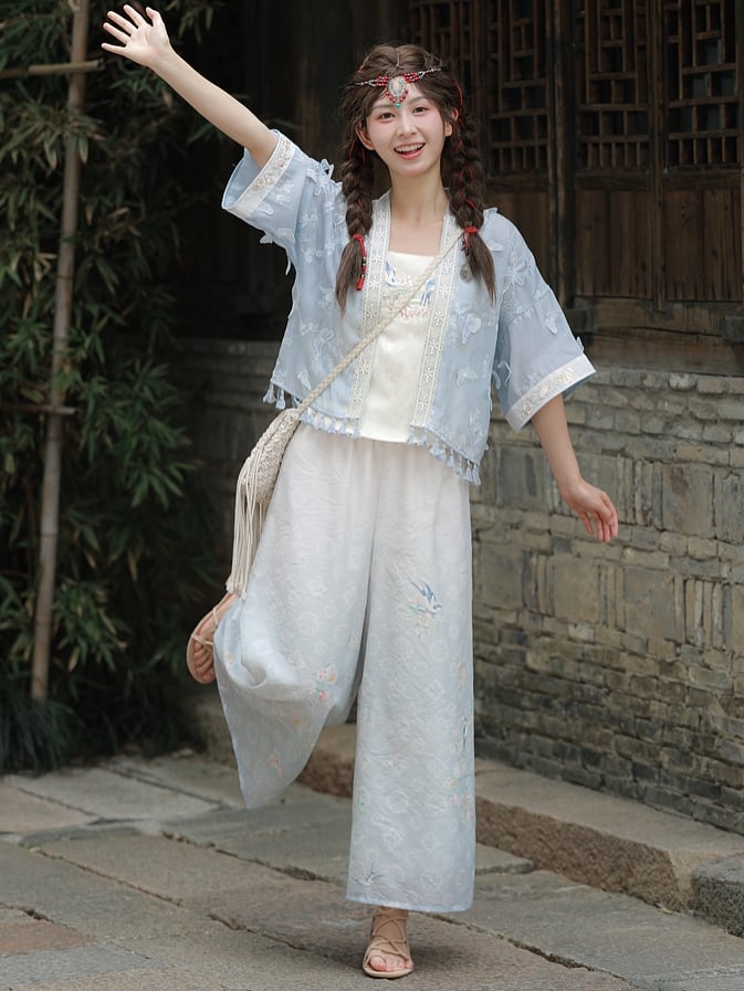 プリントレッグシフォングラデーションブルーワイドフローラルパンツ