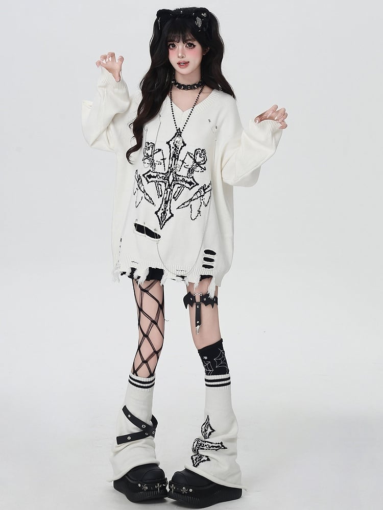 Warmers - Cross Black/Black Knitted Straps Pink/White Leg Design Asymmetrical Crisscross Y2K Pattern