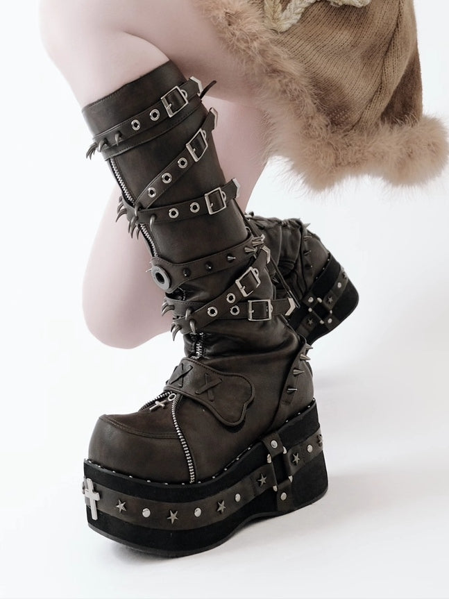 in Platform Cross Brown PU Heel with Decor - Studs Boots Style Punk Embellishments Leather Knee