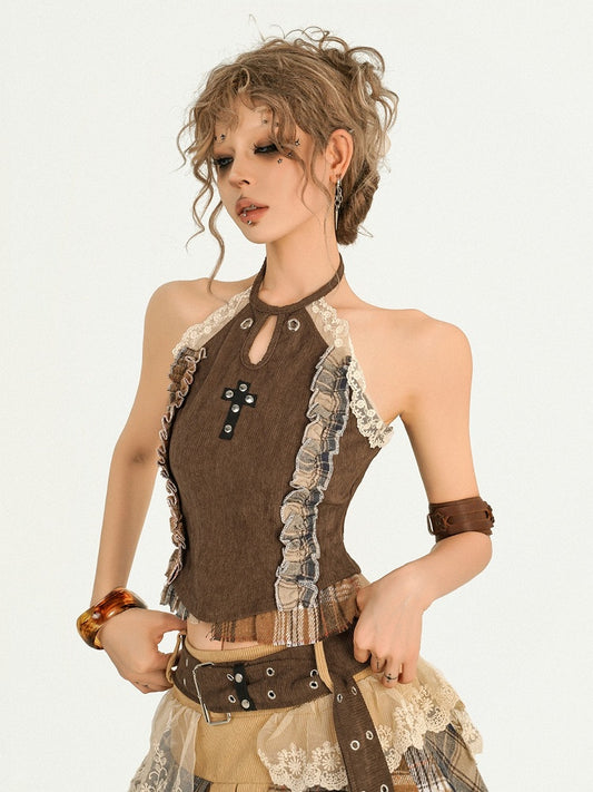 Plaid Halter Lace Trim Sleeveless Brown Wasteland Top