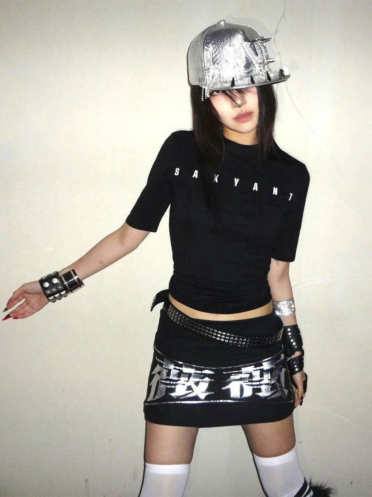 Letter Black Slim-fitting T-Shirt Print with