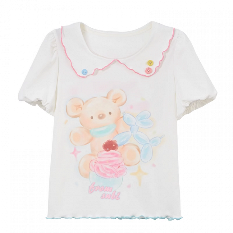 漫画のクマのプリント裾ホワイトピーターパンカラーパフスリーブコントラストレタスTシャツ