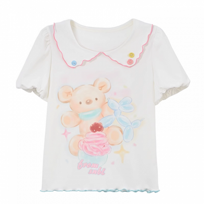 漫画のクマのプリント裾ホワイトピーターパンカラーパフスリーブコントラストレタスTシャツ