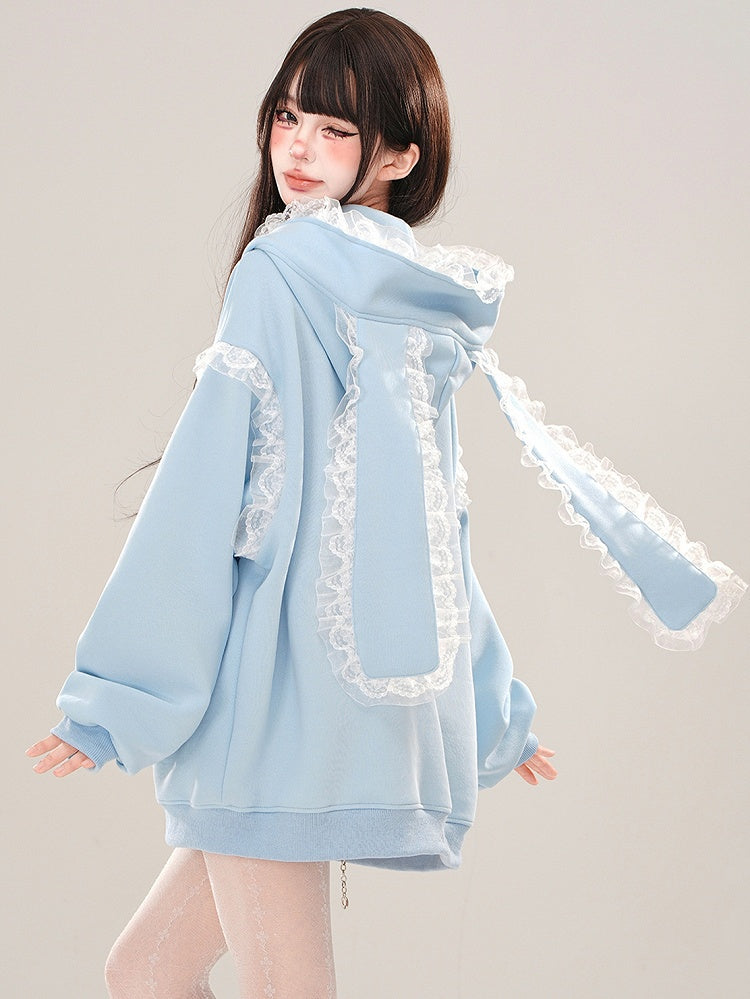 Blau/Apricot – Kapuzenjacke mit Spitzenbesatz und Hasenohren
