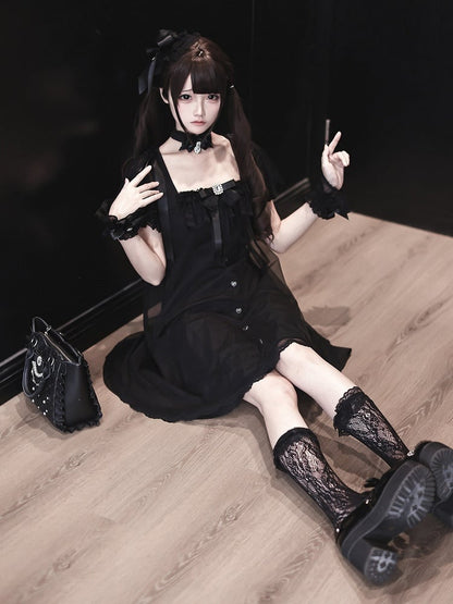 Gothic Square Neck Dress with Bow Accents - Ekomi