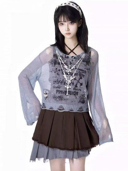 Rock mit ausgefranstem Saum, gestuft, grau, asymmetrisches Design und Colorblock, braun